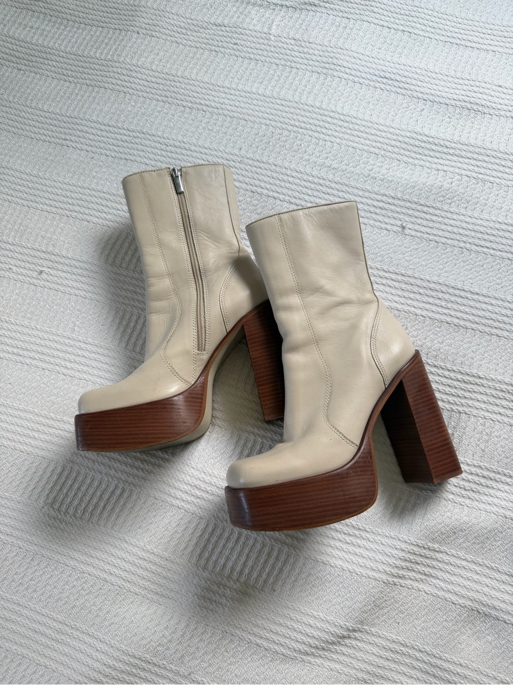Steve Madden Cream Leather Platform Block Heel Ankle Boots